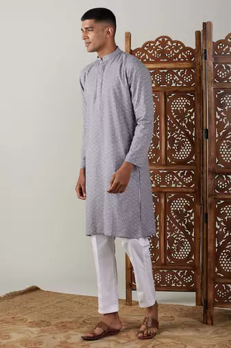 Grey And White Cotton Kurta Pyjama Set