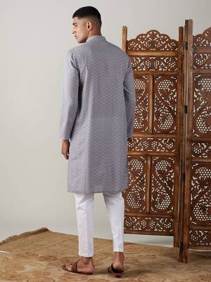 Grey And White Cotton Kurta Pyjama Set 3