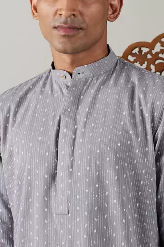 Grey And White Cotton Kurta Pyjama Set