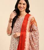 Showoff women's scoop neck floral block print peach straight kurta and trouser with dupatta