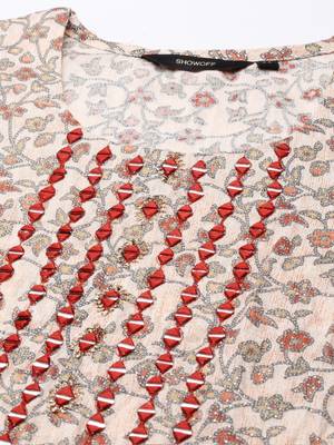 Showoff women's scoop neck floral block print peach straight kurta and trouser with dupatta 2
