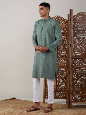 Green And White Cotton Kurta Pyjama Set 2