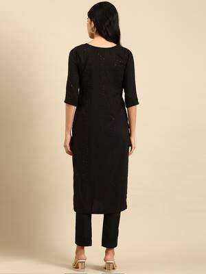 women's scoop neck woven design black straight kurta and trouser 4