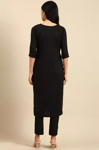 women's scoop neck woven design black straight kurta and trouser