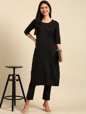 women's scoop neck woven design black straight kurta and trouser 5