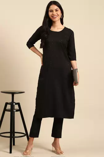 women's scoop neck woven design black straight kurta and trouser