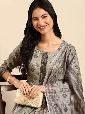 Showoff women's scoop neck floral foil print olive anarkali kurta and trouser with dupatta 1