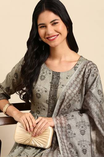 Showoff women's scoop neck floral foil print olive anarkali kurta and trouser with dupatta