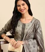 Showoff women's scoop neck floral foil print olive anarkali kurta and trouser with dupatta