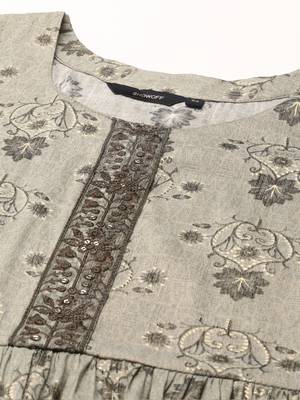 Showoff women's scoop neck floral foil print olive anarkali kurta and trouser with dupatta 2