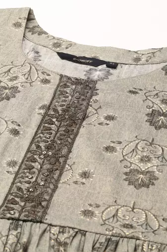Showoff women's scoop neck floral foil print olive anarkali kurta and trouser with dupatta
