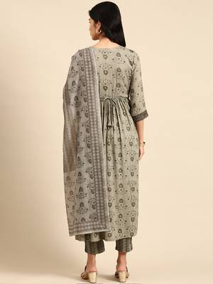 Showoff women's scoop neck floral foil print olive anarkali kurta and trouser with dupatta 4