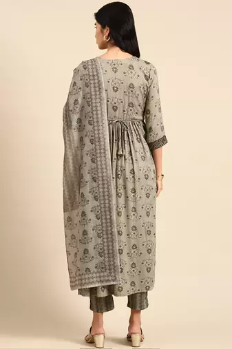 Showoff women's scoop neck floral foil print olive anarkali kurta and trouser with dupatta
