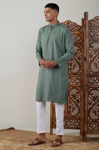 Green And White Cotton Kurta Pyjama Set