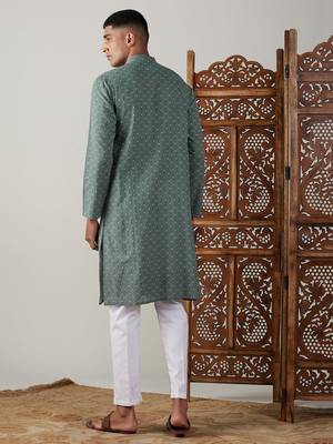 Green And White Cotton Kurta Pyjama Set 3
