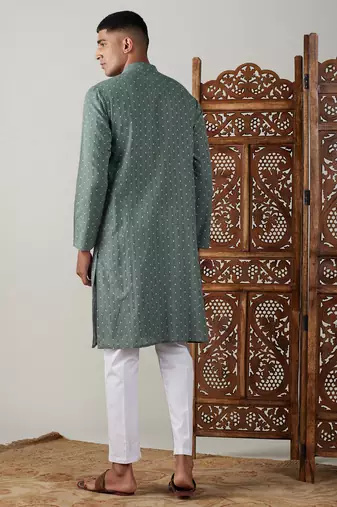 Green And White Cotton Kurta Pyjama Set