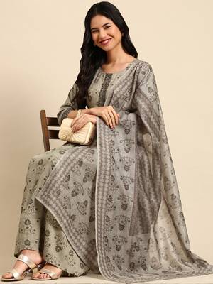 Showoff women's scoop neck floral foil print olive anarkali kurta and trouser with dupatta 5