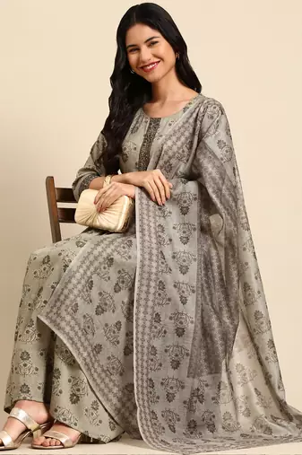 Showoff women's scoop neck floral foil print olive anarkali kurta and trouser with dupatta