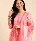 women's scoop neck bandhani coral anarkali kurta and trouser with dupatta