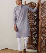 Grey And White Cotton Kurta Pyjama Set
