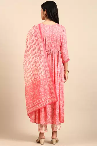 women's scoop neck bandhani coral anarkali kurta and trouser with dupatta