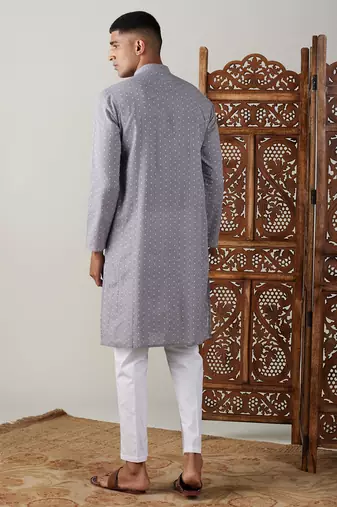 Grey And White Cotton Kurta Pyjama Set