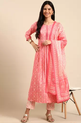 women's scoop neck bandhani coral anarkali kurta and trouser with dupatta