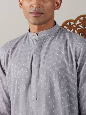 Grey And White Cotton Kurta Pyjama Set 4