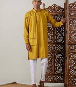 Men'S Mustard And White Cotton Kurta Pyjama Set