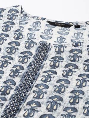Showoff women's scoop neck paisley block print teal straight kurta and trouser with dupatta 2