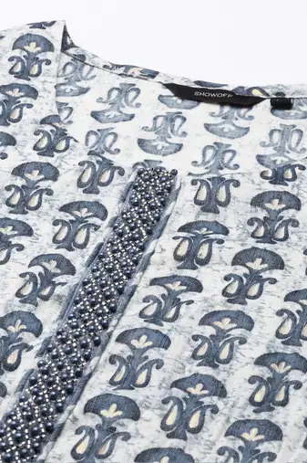 Showoff women's scoop neck paisley block print teal straight kurta and trouser with dupatta
