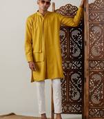 Mustard And Cream Cotton Kurta Pyjama Set