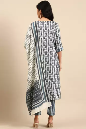 Showoff women's scoop neck paisley block print teal straight kurta and trouser with dupatta