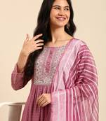 women's scoop neck geometric foil print purple anarkali kurta and trouser with dupatta