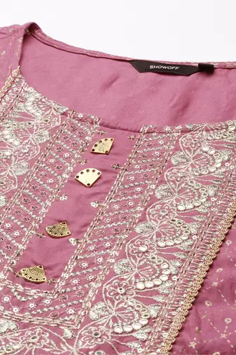 women's scoop neck geometric foil print purple anarkali kurta and trouser with dupatta