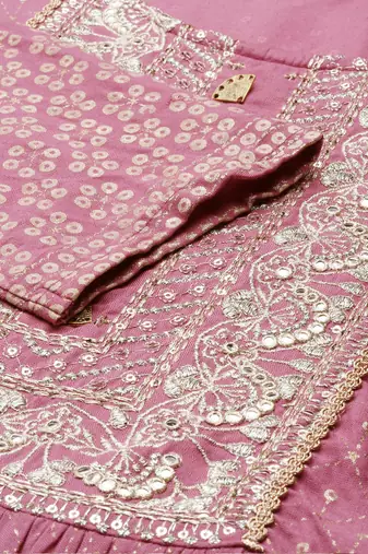 women's scoop neck geometric foil print purple anarkali kurta and trouser with dupatta