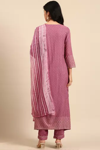 women's scoop neck geometric foil print purple anarkali kurta and trouser with dupatta