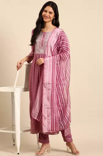 women's scoop neck geometric foil print purple anarkali kurta and trouser with dupatta