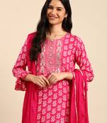 Showoff women's scoop neck ethnic motifs block print pink straight kurta and trouser with dupatta