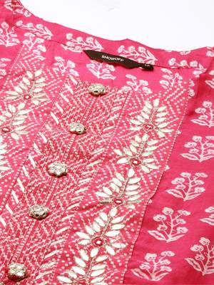 Showoff women's scoop neck ethnic motifs block print pink straight kurta and trouser with dupatta 2