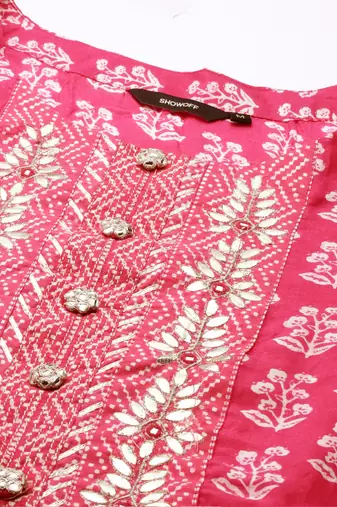 Showoff women's scoop neck ethnic motifs block print pink straight kurta and trouser with dupatta