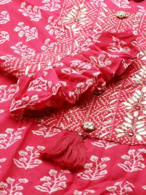 Showoff women's scoop neck ethnic motifs block print pink straight kurta and trouser with dupatta 3