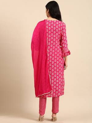 Showoff women's scoop neck ethnic motifs block print pink straight kurta and trouser with dupatta 4