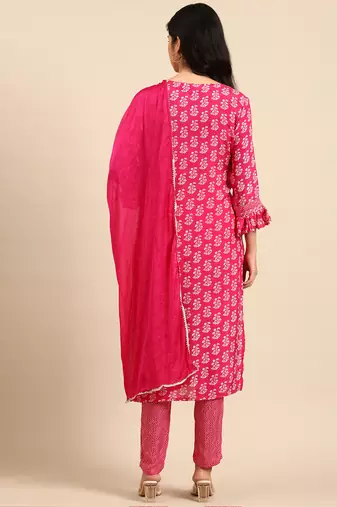 Showoff women's scoop neck ethnic motifs block print pink straight kurta and trouser with dupatta