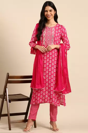 Showoff women's scoop neck ethnic motifs block print pink straight kurta and trouser with dupatta