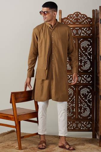 Men'S Coffee And Cream Cotton Kurta Pyjama Set