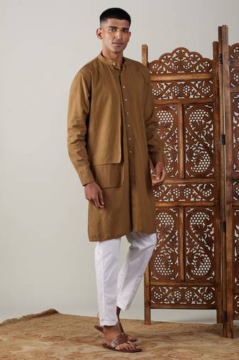 Men'S Coffee And White Cotton Kurta Pyjama Set