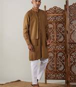 Men'S Coffee And White Cotton Kurta Pyjama Set