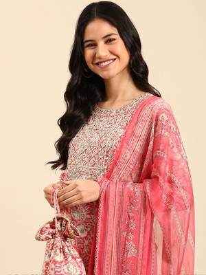 women's scoop neck ethnic motifs block print pink straight kurta and trouser with dupatta 1