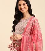 women's scoop neck ethnic motifs block print pink straight kurta and trouser with dupatta